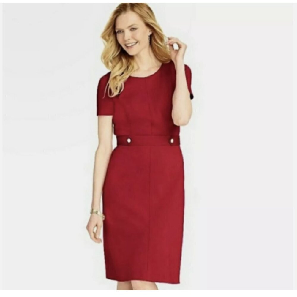 Talbots Red Ponte Knit Sheath Dress with Gold Button Details - Size 6